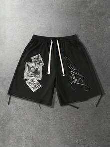 ROMWE MEN Street Life Men's Letter & Angel Print Drawstring Waist Casual Shorts - Black - View 1