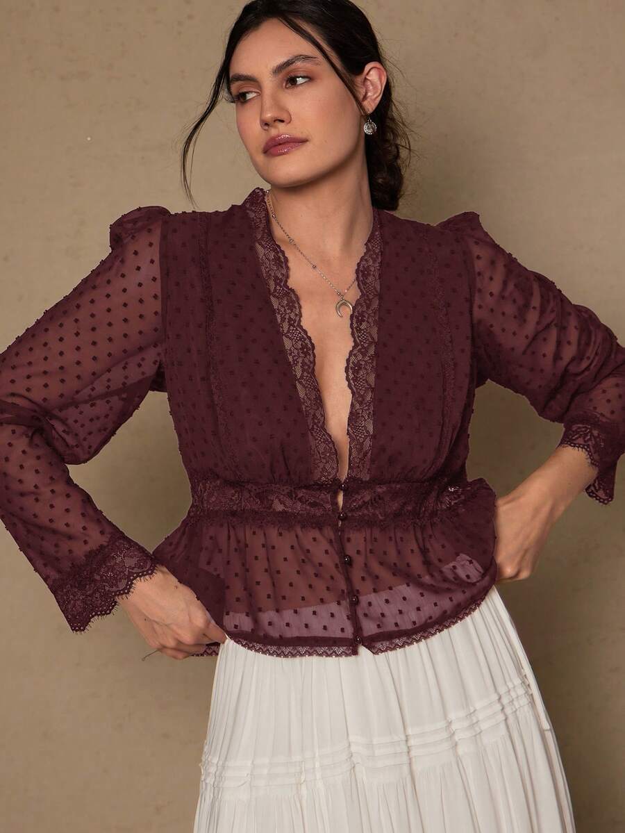 Freevana Plus Size Romantic Elegant Black Lace Patchwork Long Sleeve Blouse For Women - Rust Brown - View 1