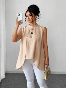 Elenzga Áo nữ cỡ lớn kiểu dáng thường ngày, chất liệu dệt kim cổ điển, không tay, cổ tròn, cài cúc gỗ, thích hợp cho kỳ nghỉ, ngắn phía trước và dài phía sau, mùa xuân/hè. - Màu be - Xem 4