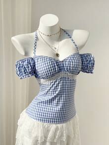 Elamini 2026 Spring/Summer Women's Blue Plaid Sweet Off-Shoulder Petal Sleeve T-Shirt, Fresh And Slimming, Summer Shirt - Multicolor - View 4