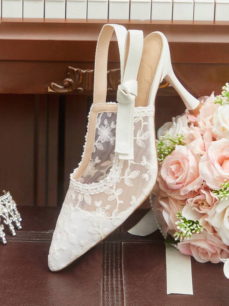 CUCCOO HITCHD Women Shoes Spring Summer Lace Flower Bow Pointed Elegant Mesh Wedding Dating Summer Shoes Wedding Shoes Bride Shoes