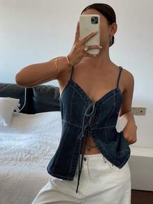 Dazy Tall Women's Summer Spaghetti Strap Denim Camisole With Bow Tie, Casual Denim Top - Dark Wash - View 6