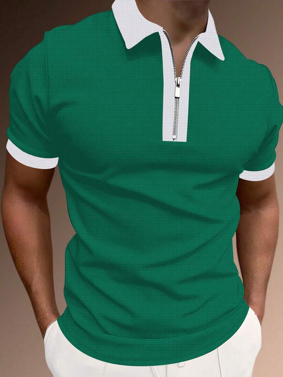 Manfinity Homme Áo polo nam tay ngắn, cổ áo phối màu tương phản, khóa kéo nửa thân, phong cách thường ngày mùa hè. - màu xanh lá - Xem 1