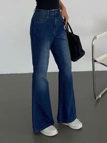 DAZY High Waist Flare Distressed Pocket Casual Jeans For Women - Blue - View 5