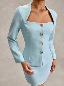SHEIN Apricot Two Pieces Suit Set – Square Neck Buttoned Blazer With Long Sleeves & Matching High-Waist Mini Skirt Fake Linen - Apricot - View 6
