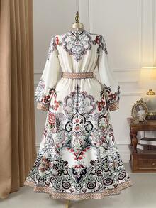 Rometta Đầm maxi dài tay thắt eo dáng suông họa tiết hoa cổ điển thanh lịch dành cho nữ cỡ lớn, đầm maxi dài cổ hoa thắt eo kiểu Bohemian, đầm dài thắt eo họa tiết hoa mới mùa thu/đông, thích hợp cho kỳ nghỉ, bãi biển, tiệc vườn mùa hè hoặc dã ngoại, đầm maxi họa tiết hoa kiểu Bohemian, đầm in họa tiết cổ điển, đầm sang trọng dành cho nữ, đầm dài tay thắt eo, đầm dài phong cách Boho, đầm họa tiết dành cho nữ, đầm in hoa. - Màu be - Xem 4