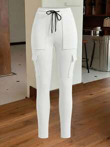 SHEIN EZwear Quần thể thao nữ màu trắng dệt kim dáng ôm, quần tập luyện có túi, quần jogger nữ, quần cargo nữ, quần legging có túi, quần nỉ cargo, quần jogger co giãn nữ, quần jogger trắng, quần cargo nữ, quần cargo trắng, quần jogger co giãn cao cấp dành cho nữ. - trắng - Xem 5