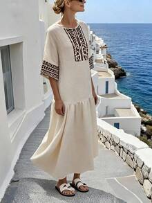 Wandoria Women's Beige Summer Boho Vacation Holiday Dress,Elegant Khaki Floral Print Round Neck Mid-Sleeve Ankle-Length Urban Chic Daily Wear Wedding Gala - Apricot - View 4