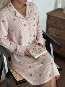 CottageSlumber 翻领条纹爱心印花可爱长袖女式睡衣 - 彩色 - 查看 3