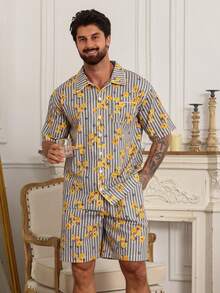 DAZY Summer Short Sleeve Floral Print Casual Pajama Set For Men - Multicolor - View 3