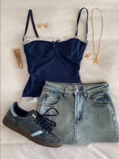 INAWLY 女士夏季休闲蝴蝶结装饰撞色蕾丝修身吊带背心