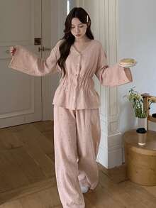 DAZY Sweet Polka Dot Allover Print Chiffon Fabric Lace Trim Women Pajama Set - Pink - View 5