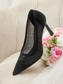 CUCCOO HITCHD 女士尖头高跟鞋，水钻装饰网布鞋面，时尚舒适，适合日常、派对、婚礼等场合，一脚蹬款式 - 黑色 - 查看 6