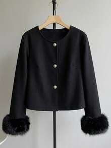 EMERY ROSE Plus Size Fuzzy Sleeve Round Neck Short Single-Breasted Wool Coat - Black - View 1