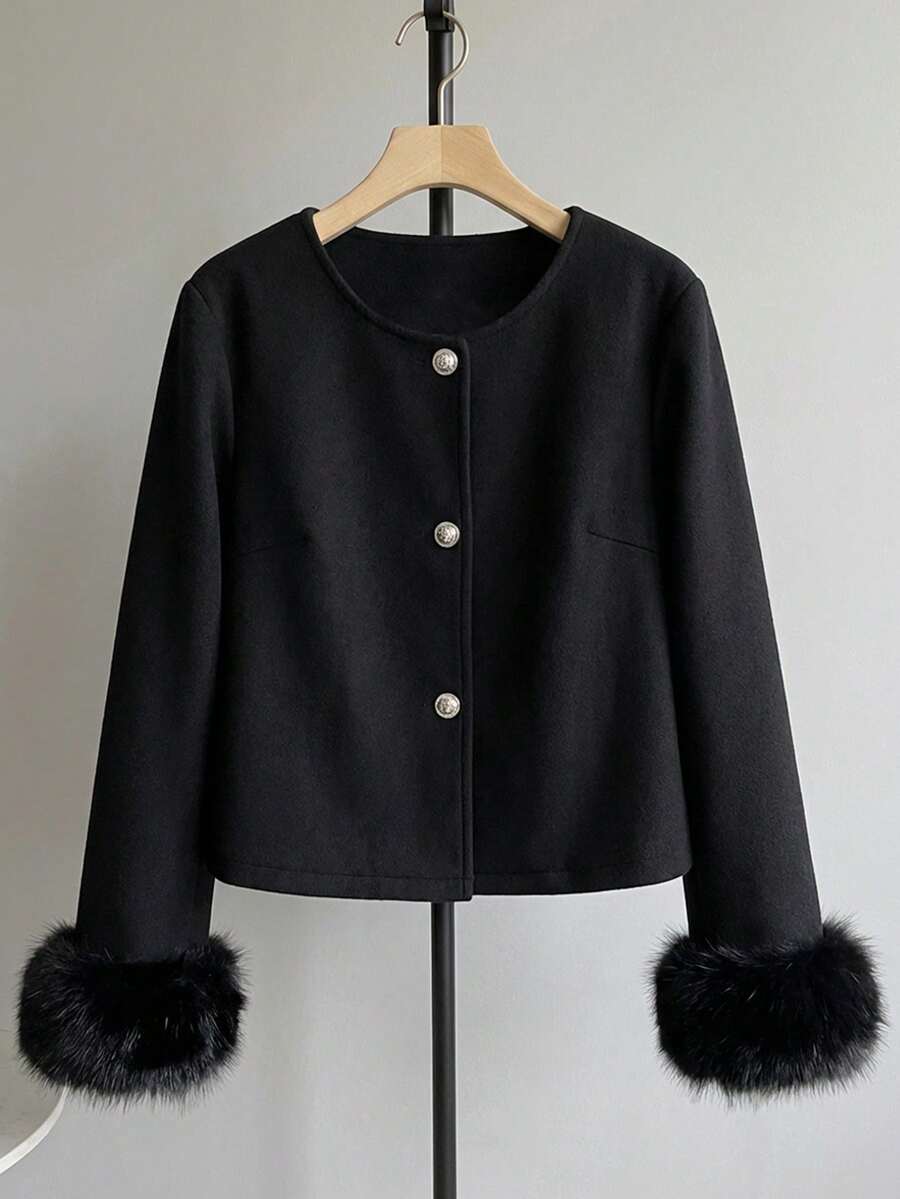 EMERY ROSE Plus Size Fuzzy Sleeve Round Neck Short Single-Breasted Wool Coat - Black - View 1