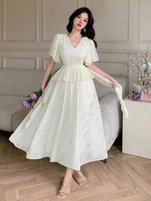 DAZY Women's V-Neck Shiny Fabric Waist Cinched Ruffle Sleeve Maxi Elegant Dress - Beige - View 5