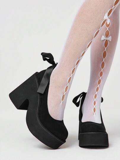 ROMWE Goth Women's Shoes Fashion Thick-Soled Wedge Shoes - Casual Punk Style Round Toe Bow Decorative Shoes - Comfortable And Simple Women's Slip-On Party Women's Shoes