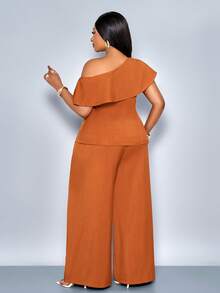 SOLERSUN 女士优雅复古商务休闲两件套，不对称领口收腰单排扣衬衫搭配阔腿口袋细节长裤，完美适用于度假和日常通勤。 - 鏽棕色 - 查看 2