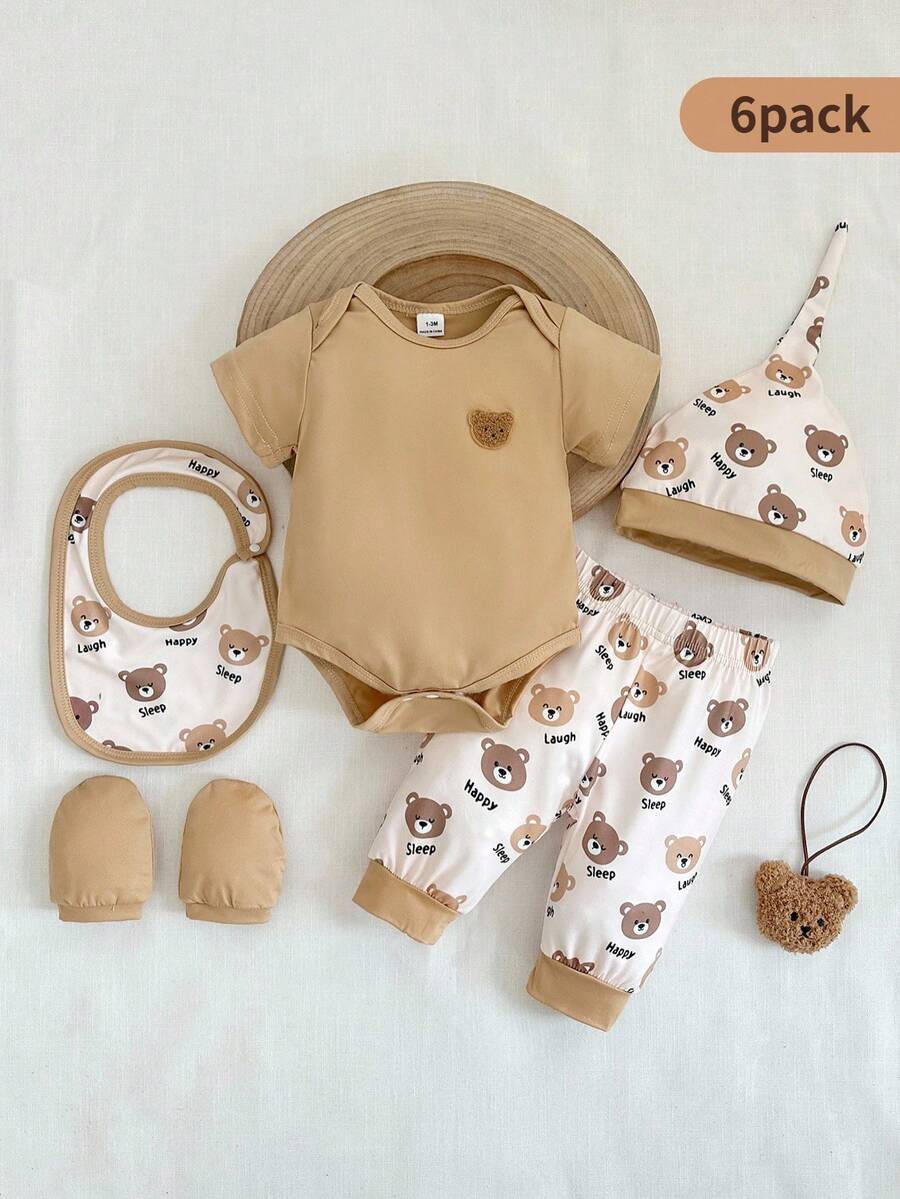 SHEIN 5pcs/Set Newborn Baby Boy Summer Outfit, Includes Cute Bear Print Knit Soft Romper, All-Over Print Pants, Hat, Bib, Gloves - Khaki - View 1