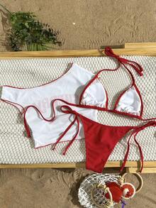 Bonvoyette 女士三件套泳装：樱桃印花挂脖比基尼上衣、网纱罩衫，性感时尚休闲沙滩度假装 - 紅白色 - 查看 3