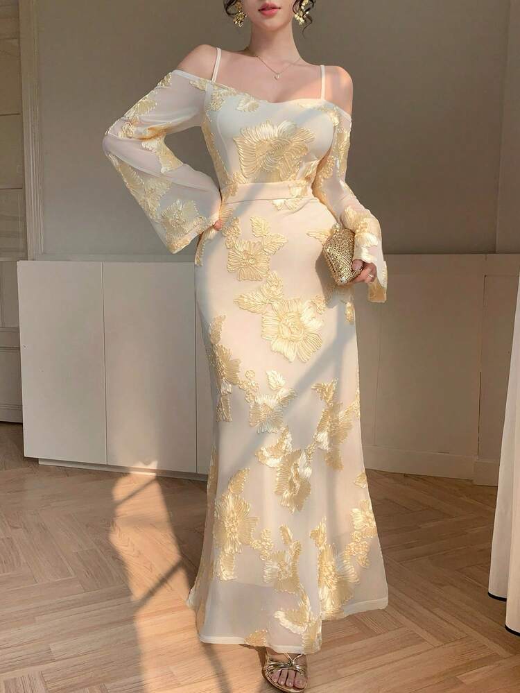 Spring & Summer Off-Shoulder Spaghetti Strap Dress, Beige 3D Embroidery Organza Ditsy Floral Lace Maxi Dress, Elegant For Valentine's Day, Wedding, Party, Banquet, Flared Sleeve Fitted Midi Dress For Women Sundress