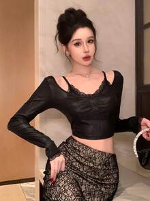 DAZY 春夏无袖亮面缎面蕾丝镂空露脐上衣，黑色，适合情人节、婚礼、派对、正式场合，时尚修身，优雅轻薄，女士长袖上衣 - 黑色 - 查看 11