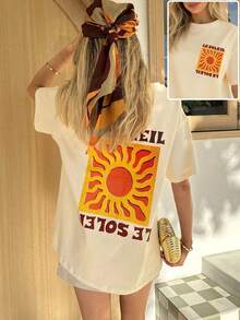 SHEIN LUNE 大码夏季休闲度假字母和太阳印花圆领短袖T恤 - 杏色 - 查看 3