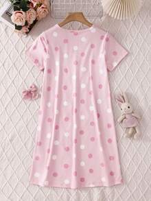 女童简约西瓜粉色印花蝴蝶结波点英文字母圆领短袖睡袍家居服 - 粉色 - 查看 2