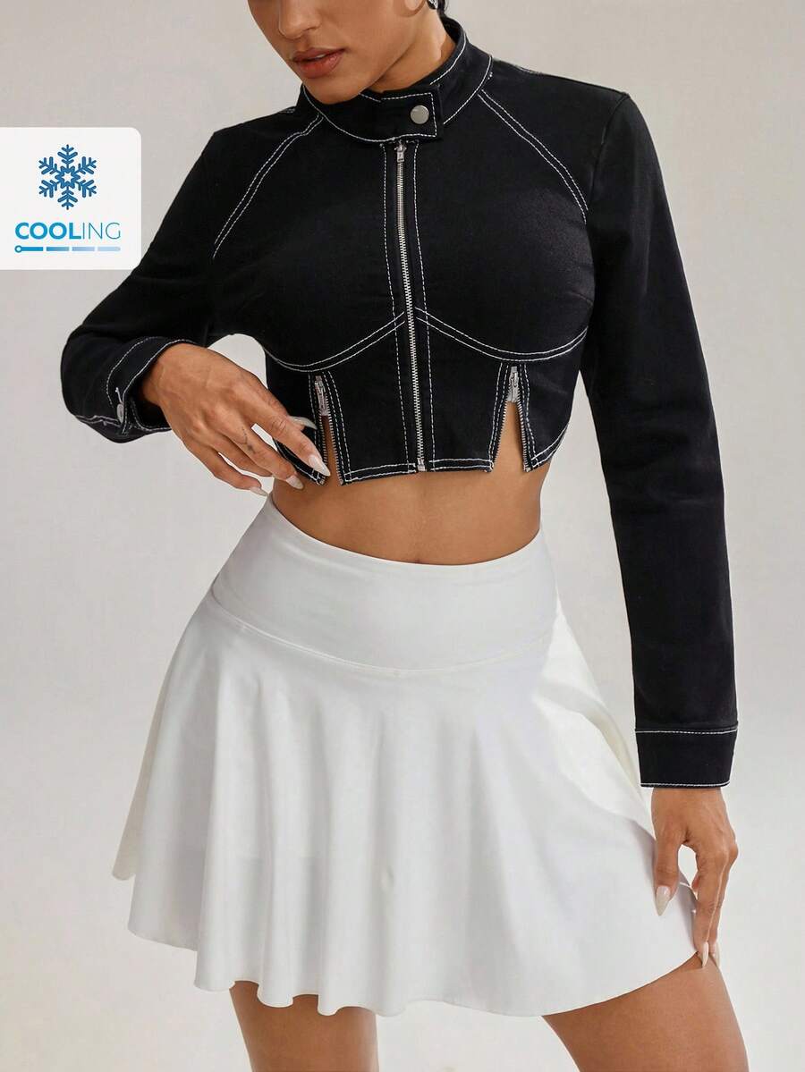 SHEIN Essnce Fashionable Contrast Stitching Cropped Denim Jacket - Black - View 1