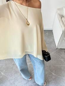 INAWLY Women's Semi-Sheer Vacation & Office Wear Asymmetrical Shoulder Blouse - Apricot - View 5