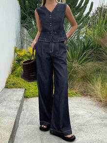 DAZY Women's V-Neck Sleeveless Denim Vest And Loose Wide-Leg Jeans Casual Denim Suit - Dark Wash - View 7