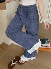 DAZY Lace Patchwork Floral Pattern Loose Straight Pajama Pants, Spring & Summer Women Sleepwear Bottom - Navy Blue - View 3