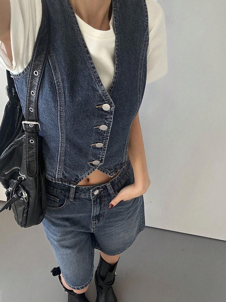 Women's V-Neck Sleeveless Fitted Cardigan And Denim Shorts Casual Street Style Set