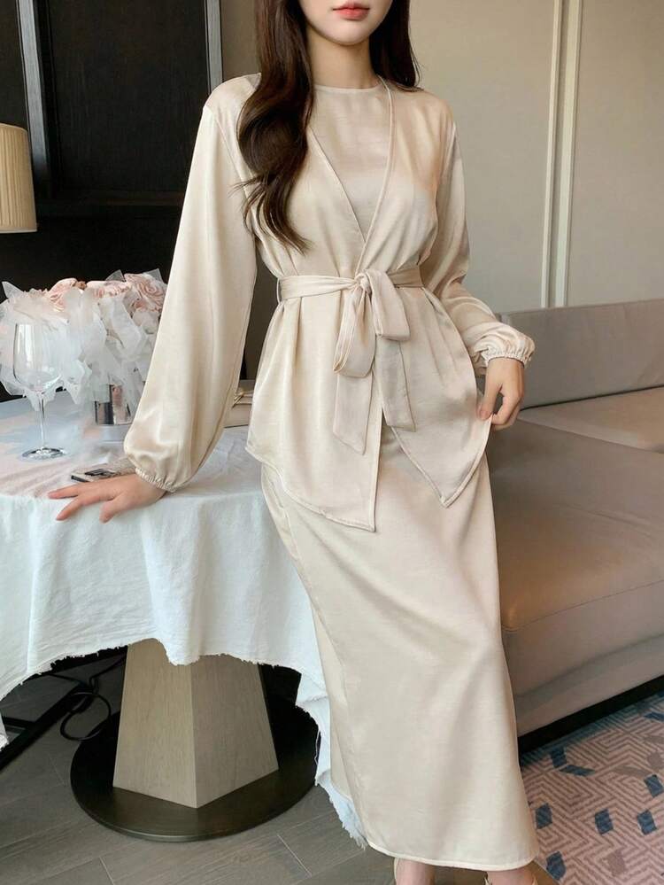 Women's Elegant Solid Color Sleeveless Dress With Belt & Shirt, 2-Piece Set, Spring/Summer,Wedding Guest Dress Women