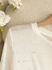 Airaco 女士休闲通勤亮片拼接镂空长袖轻薄针织T恤，春夏秋季 - 白色 - 查看 3