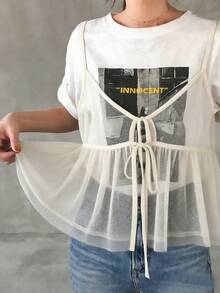 FRIFUL 女士系带网纱修身吊带背心，正面系带褶皱下摆，夏季 - 米色 - 查看 2