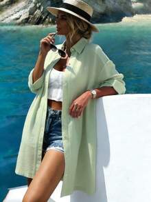 Vaclyn Women's Casual Eye Print Single-Breasted Shirt Dress - Pastel Green - View 6