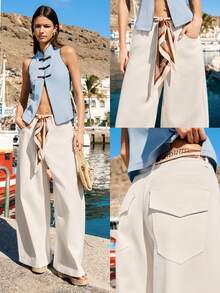 Nöista These Casual White High-Waisted Wide-Leg Jeans Feature A Silk Scarf Belt That Accentuates The Waist And Elongates The Legs, Offering Both Style And Practicality. The Simple Silhouette Is Suitable For Various Seasons And Occasions, Making It An Indispensable Versatile Piece In The Urban Woman's Wardrobe. - White - View 1