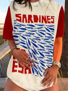 EMERY ROSE Women's Vintage Fish Sardines Art Print T-Shirt,Nature Lover Tee, Coastal Vibes Top, Outdoorsman Apparel, Ocean Graphic Tee - White - View 1
