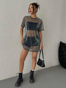 SHEIN EZwear 女士透视网纱迷你连衣裙，夏季网纱连衣裙，女士网纱衬衫，女士长款T恤，女士透视衬衫两件套，女士短袖透视上衣，女士短款套装，女士短款套装，透视两件套网纱服装 - 黑色 - 查看 3