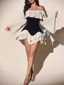 Elenzga Vestido mini de manga larga con volantes y mangas acampanadas, de talla grande, elegante, romántico y sexy, con parches en blanco y negro, de gasa fluida y con hombros descubiertos, para primavera/otoño - Multicolor - Ver 3