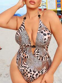 Swim SXY Costume da bagno intero sexy con stampa leopardata, adatto per taglie comode, per vacanze al mare - Multicolore - Visualizzare 5