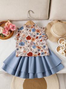 Emery Rose Kids Emery Rose Kids Conjunto de 2 peças para meninas: blusa casual floral miúda e minissaia em tecido plano. Vestidos infantis para meninas, roupas de verão estilo boho para adolescentes, vestidos casuais para meninas, vestido curto para meninas. - Azul - Ver 6