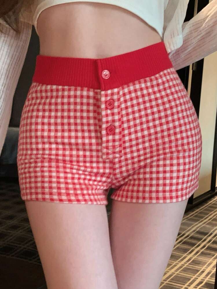 Women's Red Plaid Splice Buttoned Decor Casual Pants, Sporty College Style, Slim Fit, Suitable For Spring, Summer, Vacation, Music Festival