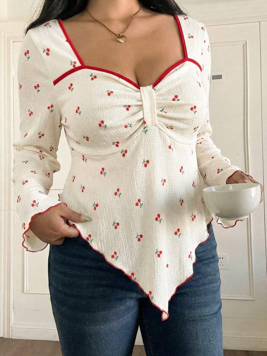 Vionelle 大码女式法式休闲优雅樱桃印花长袖衬衫 - 杏色 - 查看 1