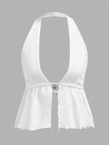 SHEIN EZwear 女士休闲度假两件套，白色，100%纯棉，女士夏季套装 - 白色 - 查看 4