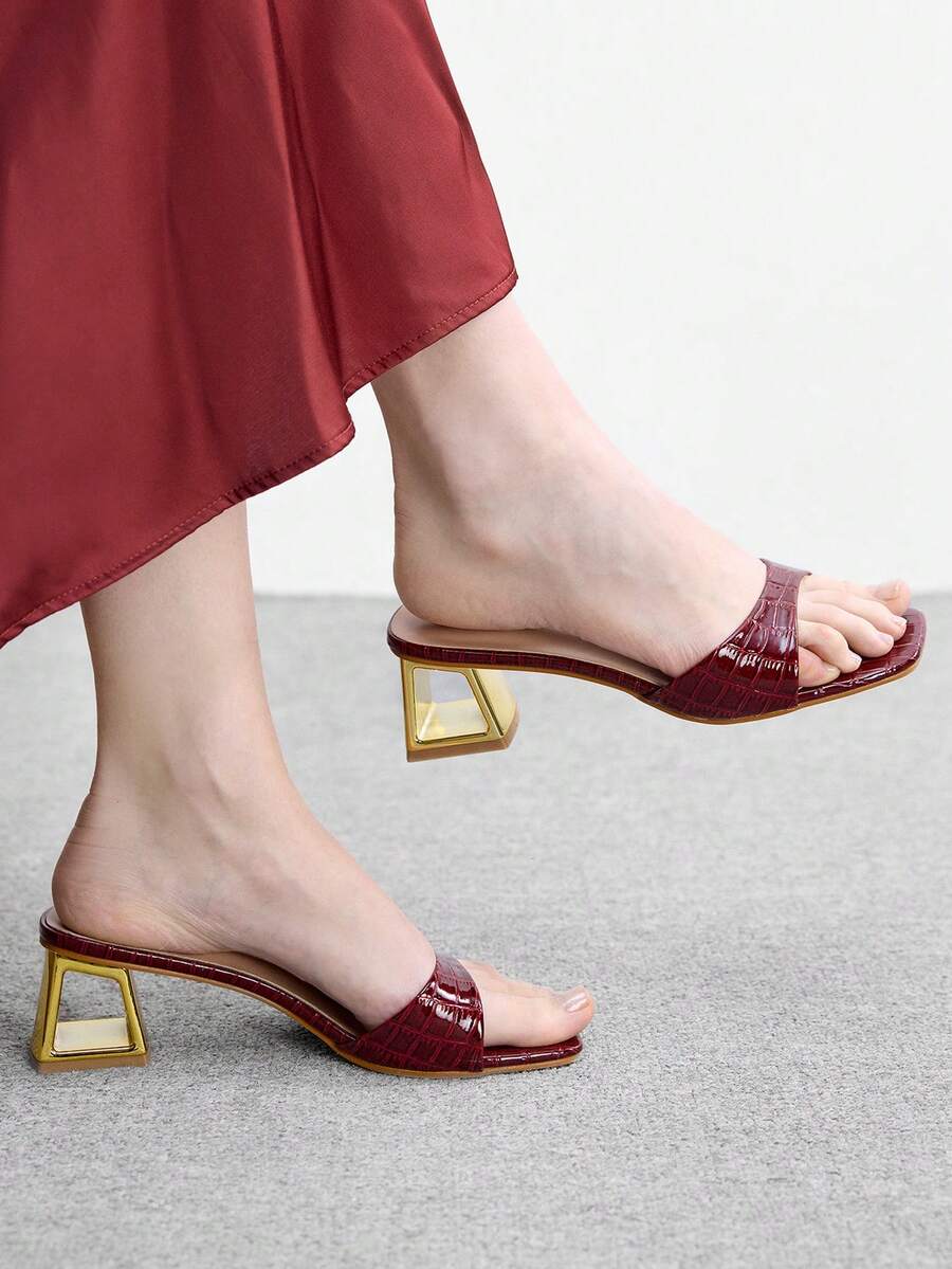 CUCCOO BIZCHIC Summer Slippers Open-Toed Sandals Pointed Toe Thick Heel High Heels With Skirt Nude Sandals - Burgundy - View 1