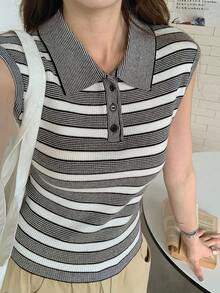 DAZY Contrast Stripe Fitted Polo Collar Casual Vacation Summer Knit Top For Women - Grey - View 1