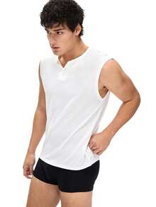 Men's REST ERA White Henley Neck Red & Black Contrast Letter Print Sleeveless Casual Top - White - View 6