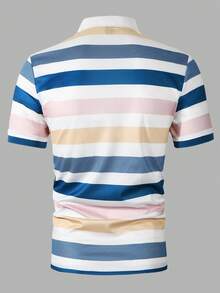 Manfinity Homme 男士条纹印花翻领 Polo 衫，适合居家、外出、聚会和度假穿着 - 藍色 - 查看 2